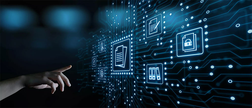Hand interacting with a futuristic digital interface featuring various icons connected by a network of lines